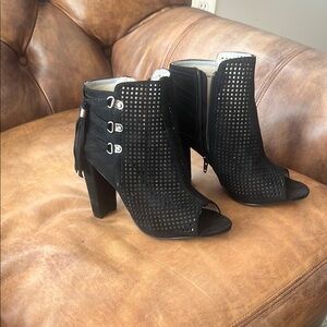 Catherine Malandrino Black Heeled Boots with Perforated Design
